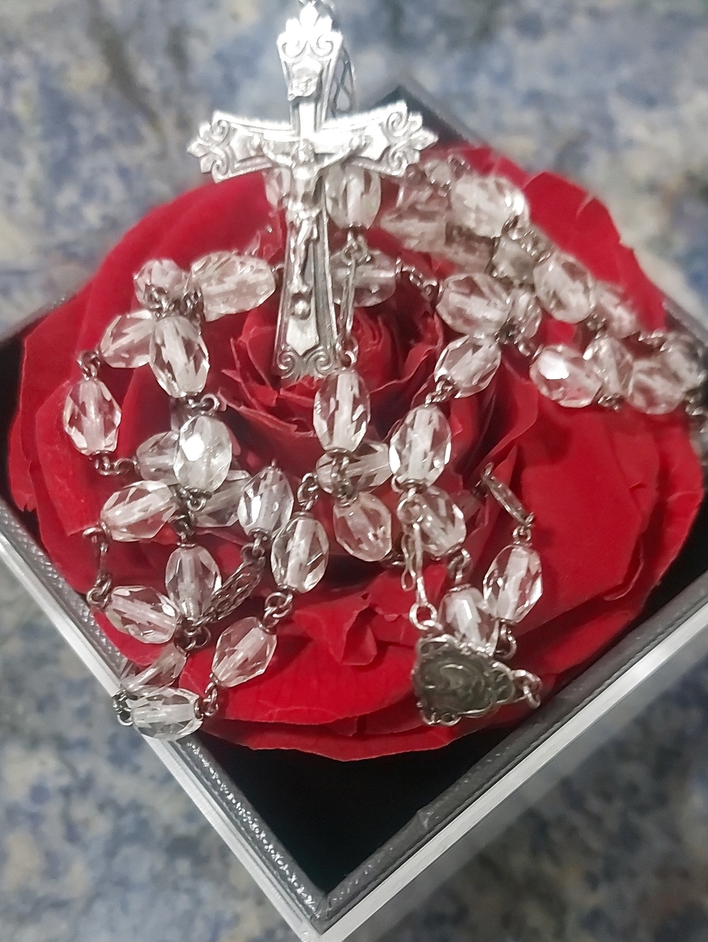 Vintage Mid - Century Gloria Sterling Silver And Faceted Crystal Catholic Rosary